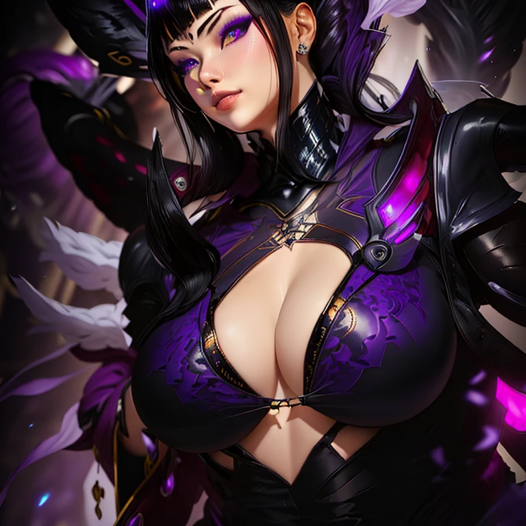 a woman in a black outfit with purple lights on her chest, extremely detailed artgerm, style artgerm, ig model | artgerm, rossdraws 2. 5, artgerm detailed, artgerm lau, style of artgerm, morgana from league of legends, kda, irelia, rossdraws 1. 0