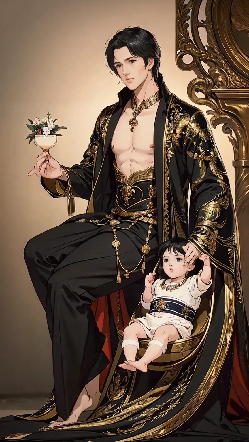 (masterpiece, Best quality, a high resolution, ultra detailed),(Beautiful and aesthetically pleasing:1.2), detailed eyes and face, full body, 1 man, adult, black hair, black eyes, male body, Beautiful body, perfect body, 1 , , man holding baby&#39;s hand, father and daughter, Yang Wenli and his daughter, beach, sunset