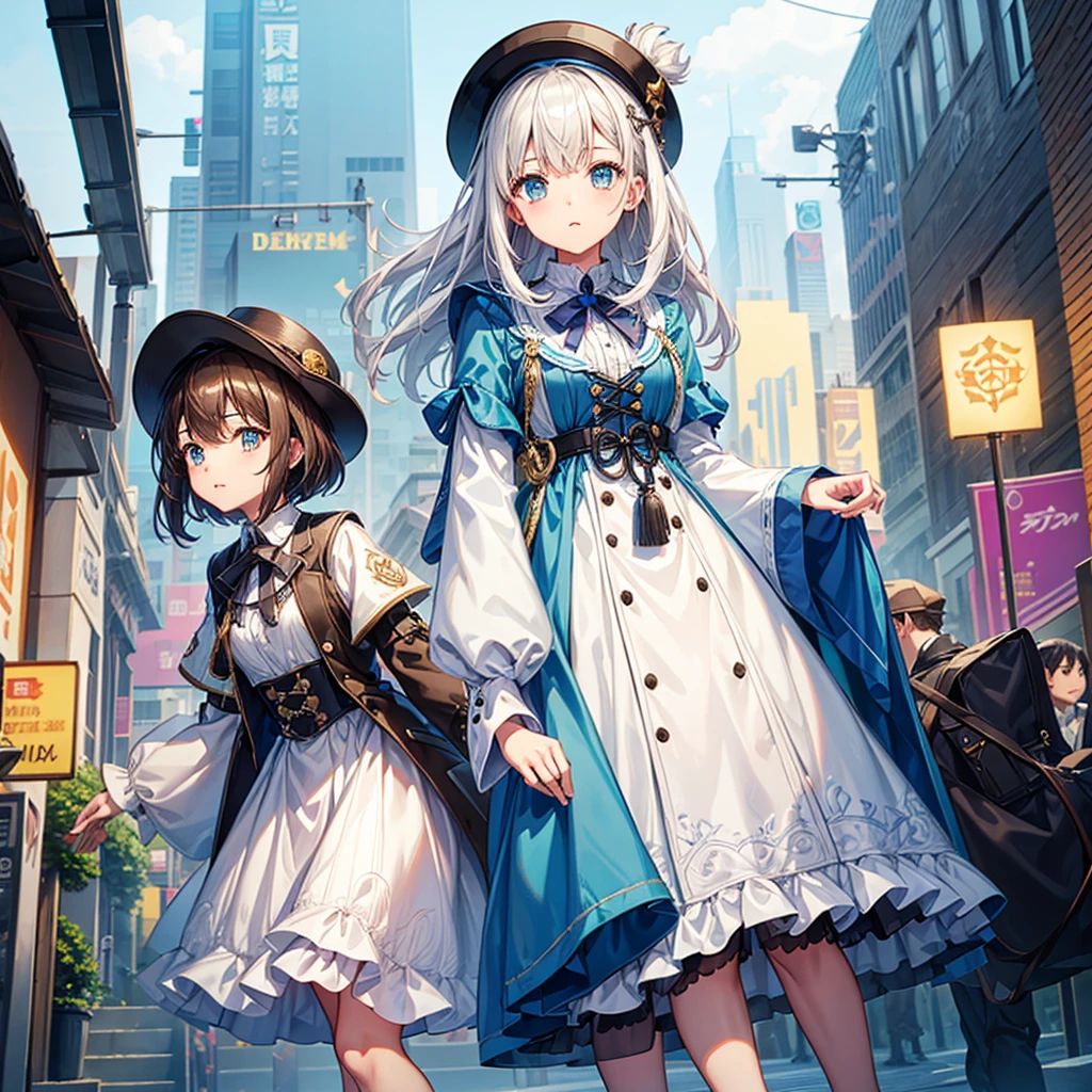 One girl、highest quality、VTuber - whole body、Milky white short hair、masterpiece、Official Art、The best configuration、Long straight hair with milky white top and blue tips、Sherlock Holmes costumes、Brown and dark brown checked newsboy hat、poncho、Brown spring coat、、magnifying glass、Detective、Pocket watch hanging around neck、Stand in front of the audience、Simple Background、