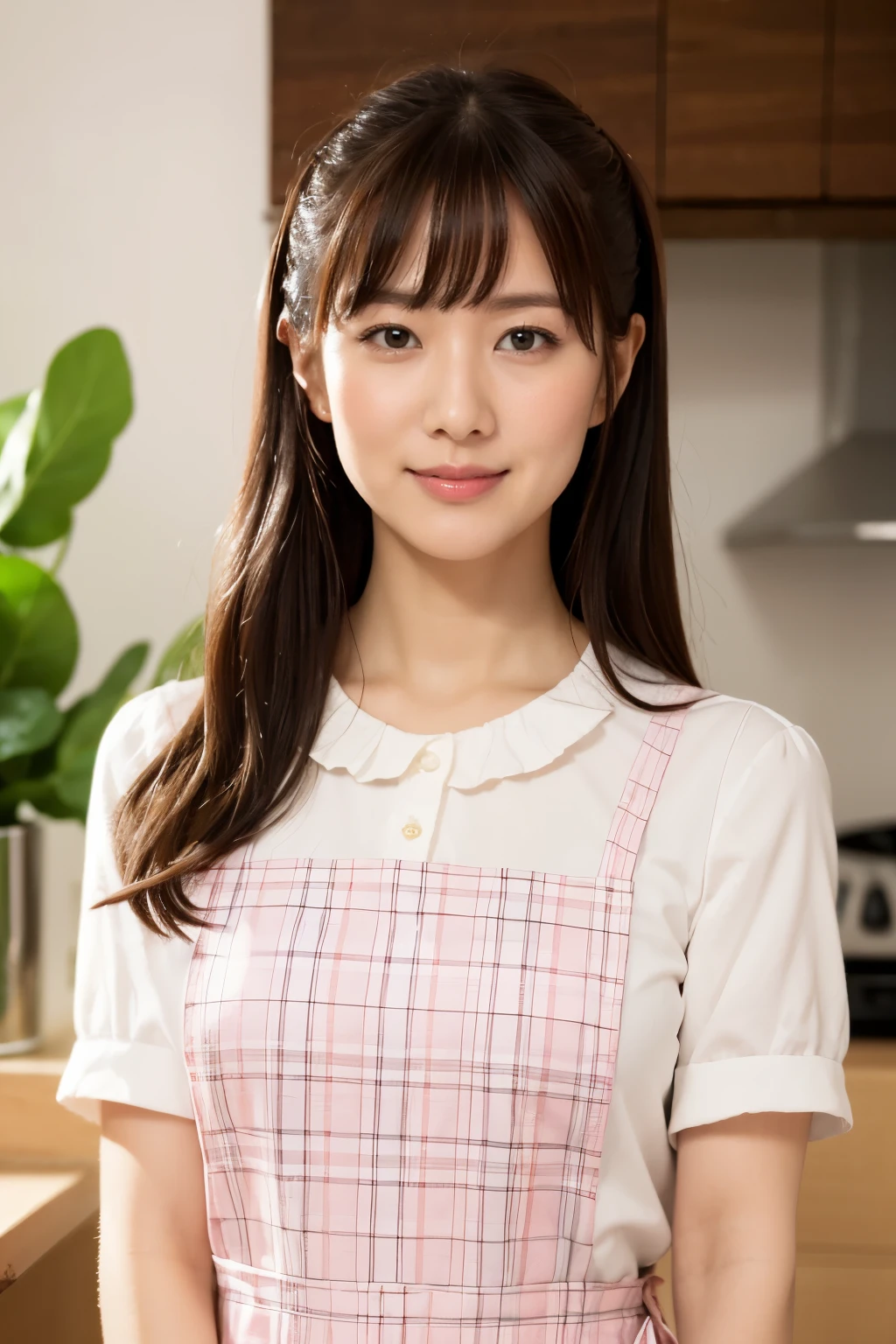 Medium Size Display, Medium Shot, Written boundary depth, bust, Upper Body, Movie angle, masterpiece, highest quality, Very detailed, CG, 8k wallpaper, Beautiful Face, Delicate eyes, Otome, alone, smile, Divide the salad、cute、Pink Apron