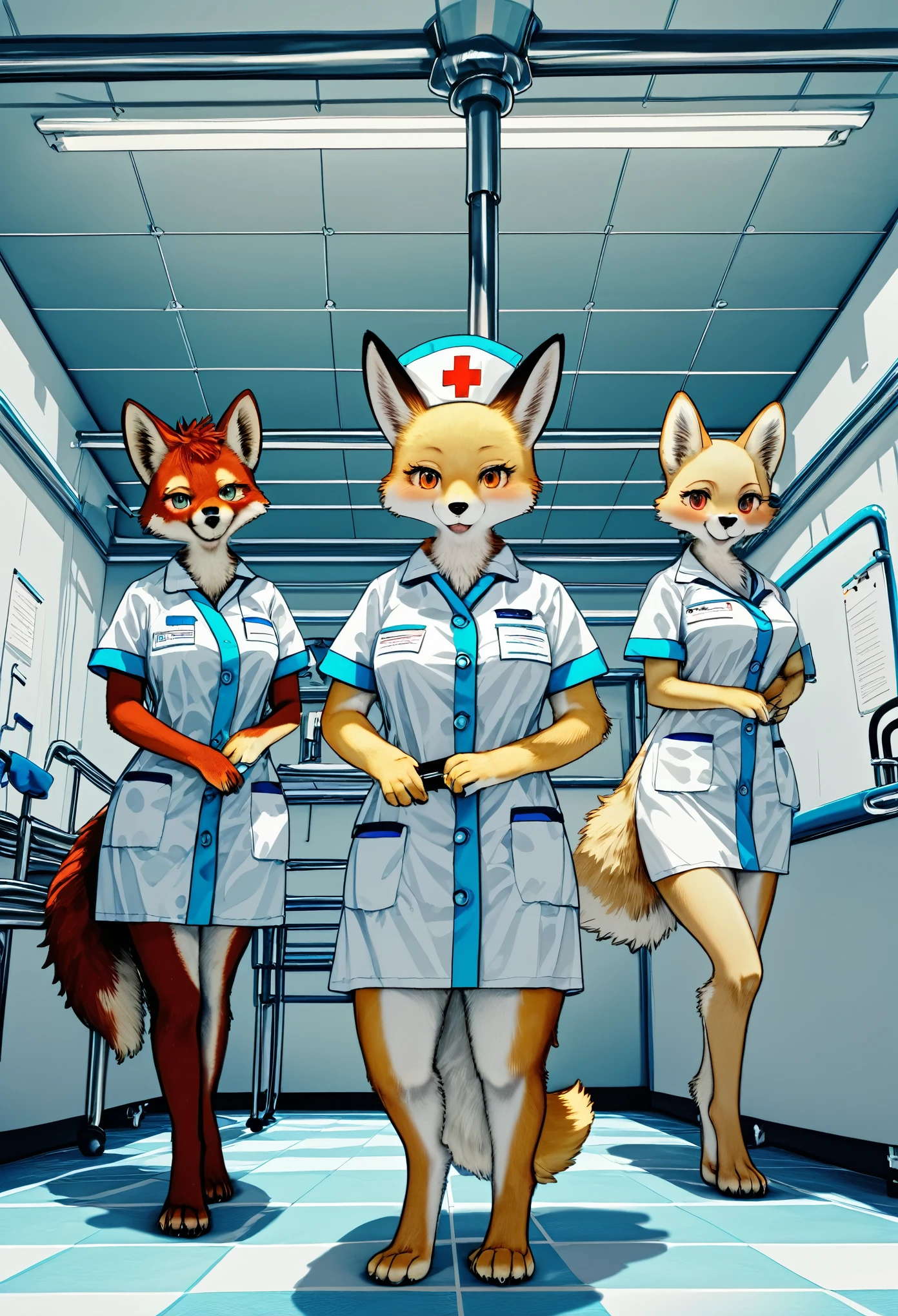 top quality, best quality, High-quality illustrations, masterpiece, super high resolution, detailed background, detailed background, hospital, nurse, doctor, group shot:0.1, absurdres(highly detailed beautiful face and eyes)perfect anatomy, expression, good lighting, cinematic shadow(kemono, furry anthro),