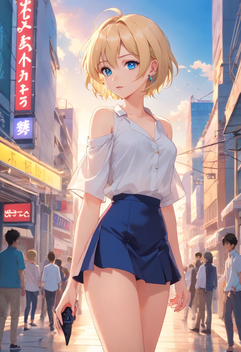 17 years old Women, ((Blonde)), ((Blue eyes)), ((Short hair)), ((Full shot)), very detailed makeup, pale pink lipstick, long earrings, bare shoulders, wearing a low-cut white blouse, revealing her chest and a tight short black skirt and black Louboutin-style high heels. ((wearing high heels)) ((Full Body))