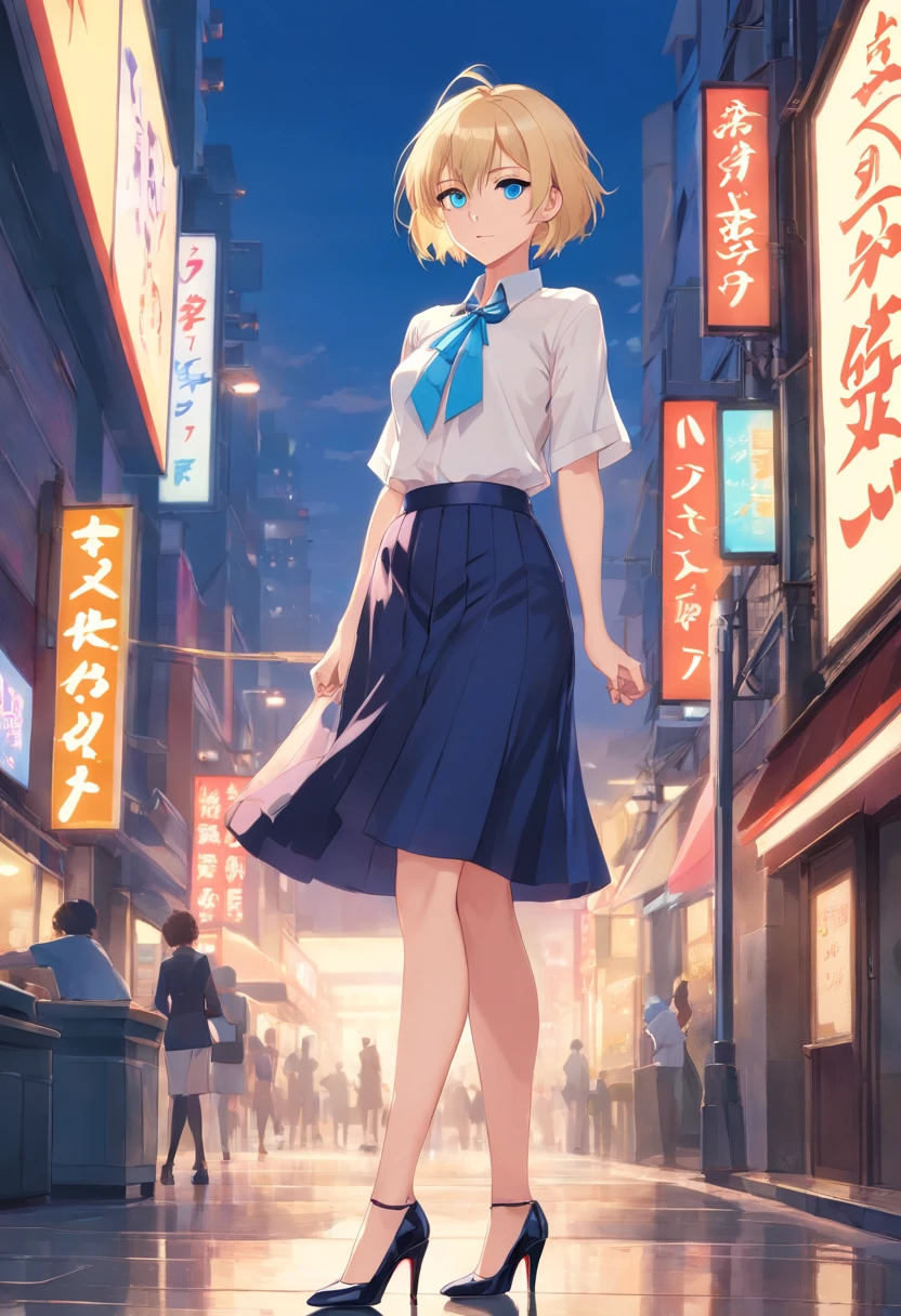 17 years old Women, ((Blonde)), ((Blue eyes)), ((Short hair)), ((Full shot)), very detailed makeup, pale pink lipstick, long earrings, bare shoulders, wearing a low-cut white blouse, revealing her chest and a tight short black skirt and black Louboutin-style high heels. ((wearing high heels)) ((Full Body))
