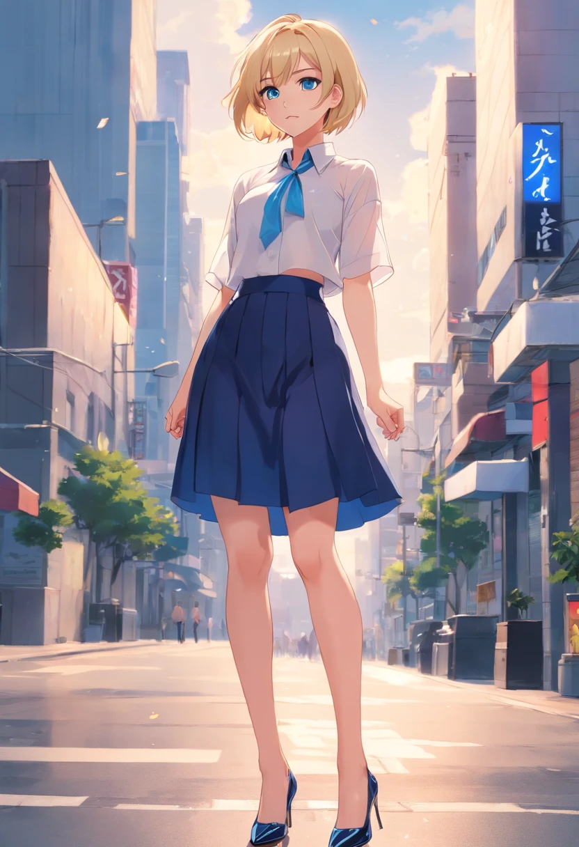 17 years old Women, ((Blonde)), ((Blue eyes)), ((Short hair)), ((Full shot)), very detailed makeup, pale pink lipstick, long earrings, bare shoulders, wearing a low-cut white blouse, revealing her chest and a tight short black skirt and black Louboutin-style high heels. ((wearing high heels)) ((Full Body))