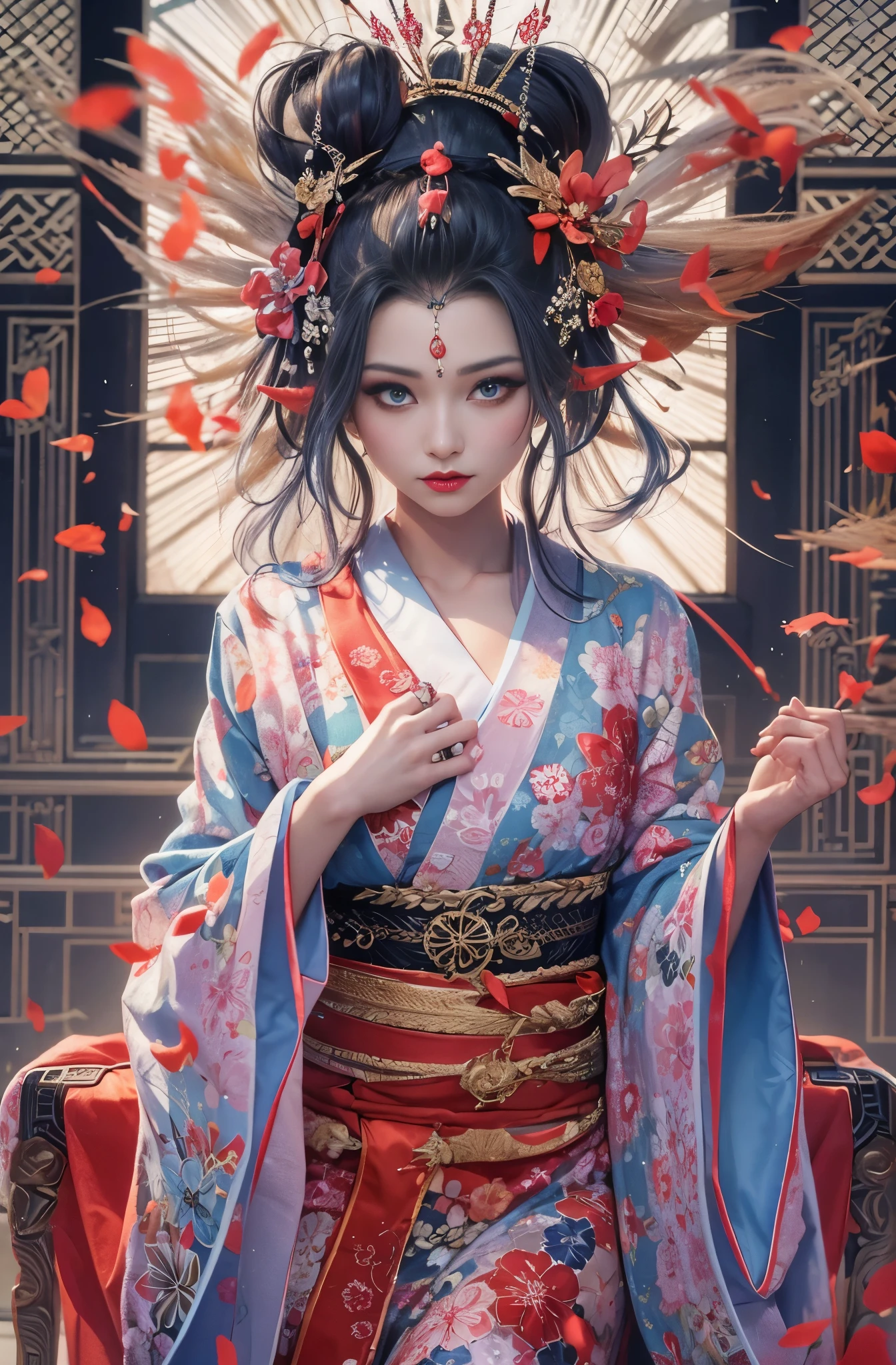 Beautiful demon woman in kimono sitting on a chair, Red light district style, A demon woman with supernatural powers, pretty much beautiful face, Beautiful black hair, Beautiful red make-up, Very beautiful and detailed, Beautiful and delicate blue eyes, Spirits&#39;strength of, Beautiful and stylish kimono, Oiran, geisha, Lots of flowers, Beautiful flowers blooming in abundance, Glamorous and luxurious, Female Yakuza, Five-fingered hand, Yanjun Chent, Inspired by Run In, ((Beautiful Fantasy Empress)), Beautiful Fantasy Empress, Jinnah Chan, China dress, Shishion Wu, Chinese style, Inspired by Qiu Ying, Inspired by Yanjun Chen, oriental fantasy, Inspired by Kinno, Works that influenced Chen Yifei, Works that influenced Francesco Hayes, Inspired by Hendrik Terbruggen, Jean＝Works that influenced Auguste Dominique Ingres, Works that influenced Liu Jun, Jean＝Works that influenced Auguste Dominique Ingres, highest quality, The perfect angle, Perfect composition, Best Shot, Official Art, Cinematic Light, Figurative art, Beautiful and expressive paintings, Beautiful artwork illustration, wonderful, Cool Beauty, clear, Muromachi Fantasy, Mysterious, Mysterious, highest quality, Official Art, Very clear and detailed painting style, Beautiful painting art, Perfect light, Perfect composition, The perfect angle, Perfect subject, Best Shot, Extremely delicate and detailed painting style, women only, Sharp contours, pretty much beautiful face, Sharp eyes with slit length, Delicate and beautiful eyes, demon of kyoto, Beautiful demon queen, Hundreds of ghosts appear at night, Full Body Tattoo, Close-up