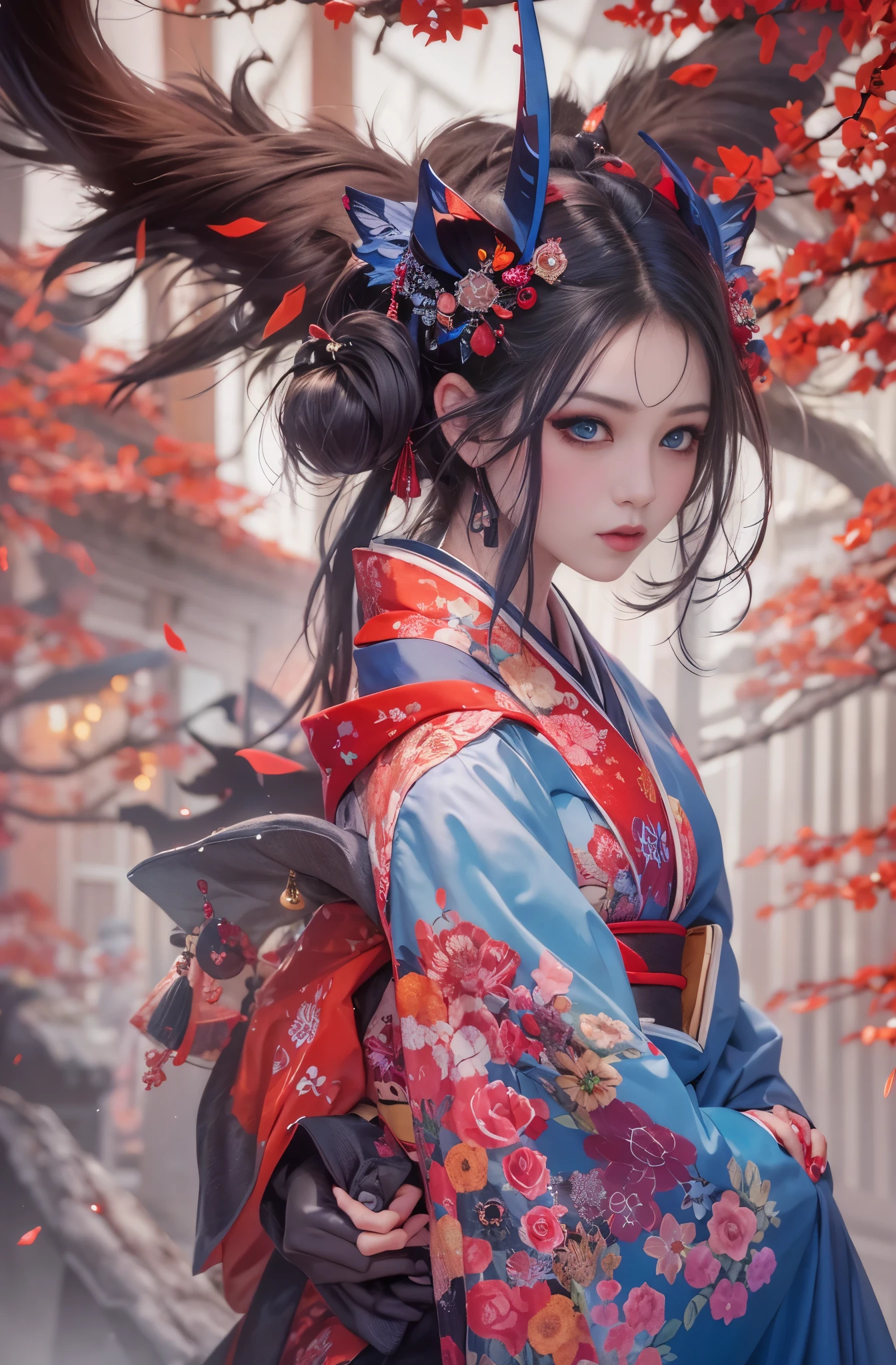 Beautiful demon woman in kimono sitting on a chair, Red light district style, A demon woman with supernatural powers, pretty much beautiful face, Beautiful black hair, Beautiful red make-up, Very beautiful and detailed, Beautiful and delicate blue eyes, Spirits'strength of, Beautiful and stylish kimono, Oiran, geisha, Lots of flowers, Beautiful flowers blooming in abundance, Glamorous and luxurious, Female Yakuza, Five-fingered hand, Yanjun Chent, Inspired by Run In, ((Beautiful Fantasy Empress)), Beautiful Fantasy Empress, Jinnah Chan, China dress, Shishion Wu, Chinese style, Inspired by Qiu Ying, Inspired by Yanjun Chen, oriental fantasy, Inspired by Kinno, Works that influenced Chen Yifei, Works that influenced Francesco Hayes, Inspired by Hendrik Terbruggen, Jean=Works that influenced Auguste Dominique Ingres, Works that influenced Liu Jun, Jean=Works that influenced Auguste Dominique Ingres, highest quality, The perfect angle, Perfect composition, Best Shot, Official Art, Cinematic Light, Figurative art, Beautiful and expressive paintings, Beautiful artwork illustration, wonderful, Cool Beauty, clear, Muromachi Fantasy, Mysterious, Mysterious, highest quality, Official Art, Very clear and detailed painting style, Beautiful painting art, Perfect light, Perfect composition, The perfect angle, Perfect subject, Best Shot, Extremely delicate and detailed painting style, women only, Sharp contours, pretty much beautiful face, Sharp eyes with slit length, Delicate and beautiful eyes, demon of kyoto, Beautiful demon queen, Hundreds of ghosts appear at night, Full Body Tattoo, Close-up