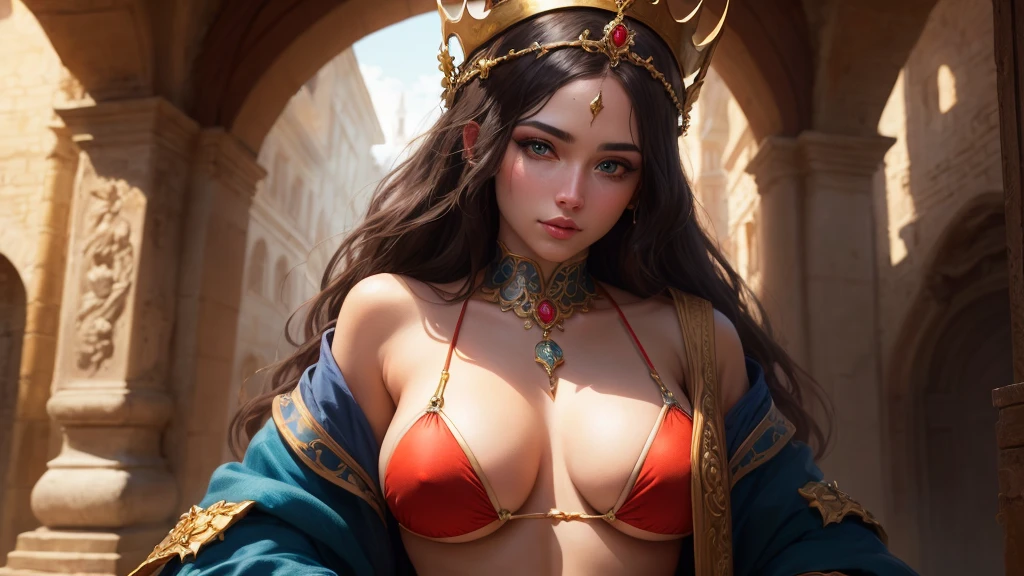 ((best quality)), ((masterpiece)), (detailed), close up, person wearing bikini, , Fantasy Art, giant ruby crown, 3D goddess photo, Rostland&#39;s style, charming light, 8k resolution, striking facial expression, (Carefully designed clothing details:1.3), Vibrant colors, Strong presence, (Ethereal Light:1.1)(masterpiece, Top quality, best quality, Official Art, beautiful and aesthetic:1.2), (1 Girl), (Fractal Art:1.2),absurd, high resolution, Making clothing out of extremely fine transparent blue liquid, Ultra-precise depiction, Solitary, (Zentangle:1.2), Flowing hair, shiny skin, (Abstract:1.2), tights, looking at the audience, complex , Halo,