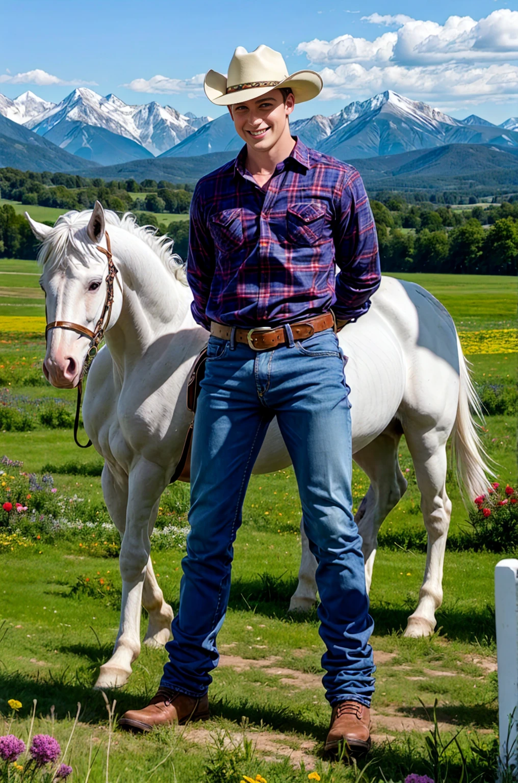 outdoor, Riding a big white horse standing on a meadow full of wild flowers, Dustin Kane, Smile, Sexy denim, Cowboy hat, red plaid shirt, Denim blue jeans, belt, shiny silver belt buckle, (((Full body portrait))), Wide Angle, (looking at the audience) background mountains