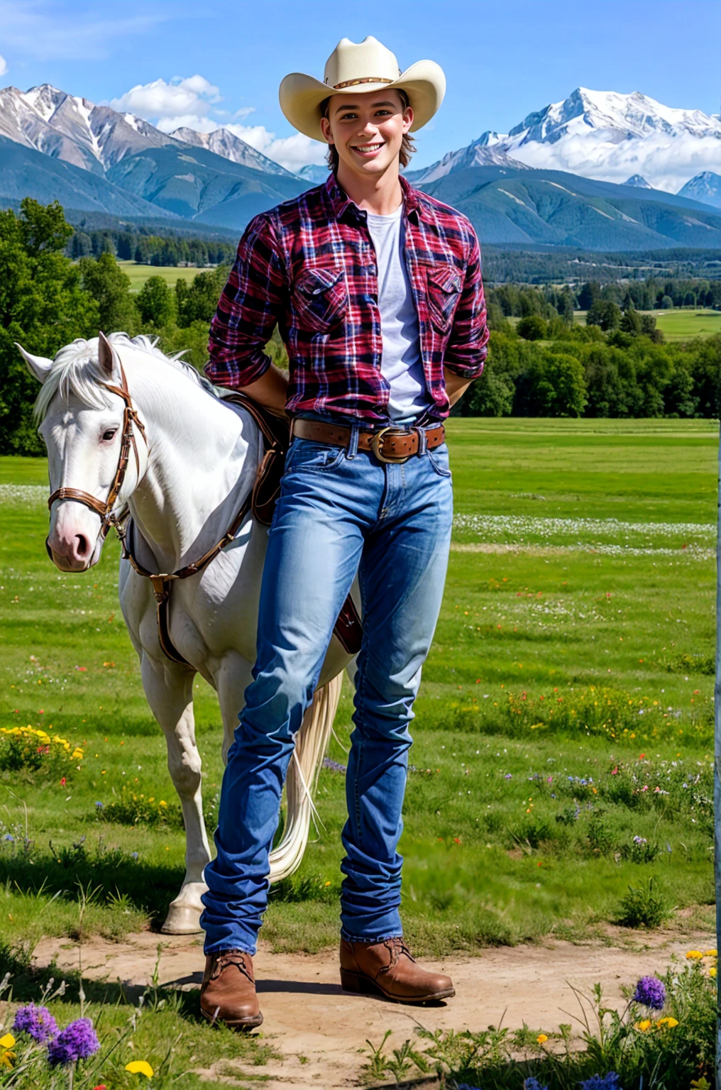 outdoor, Riding a big white horse standing on a meadow full of wild flowers, Dustin Kane, Smile, Sexy denim, Cowboy hat, red plaid shirt, Denim blue jeans, belt, shiny silver belt buckle, (((Full body portrait))), Wide Angle, (looking at the audience) background mountains