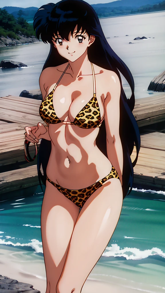 (masterpiece, 4K, highest quality, anime style: 1.9, Detailed face, Lovely, Ocean,Bold Line, High resolution, anime, Lake 4. alone, Curvaceous, Thighs, Cleavage, Center of chest, smile, Please open your mouth wide, Very slim belly, Cowboy Shot, (Leopard print bikini),1 girl,Kagome Higurashi,  Long Hair, Black hair between the eyes, Thighsが柔らかい