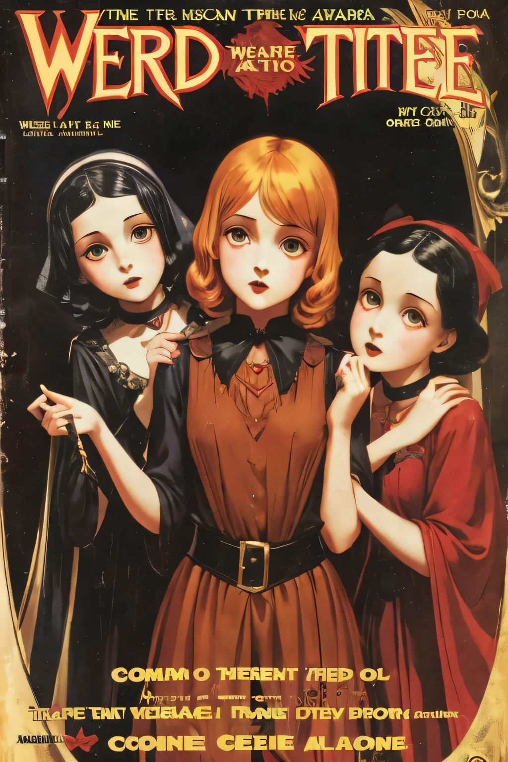 cover mistery magazine weird tale full lenght girl, cute face full lenght , 3 girl pose for cover horror magazine weird tale , magazine age 1933, high quality,Chest, 