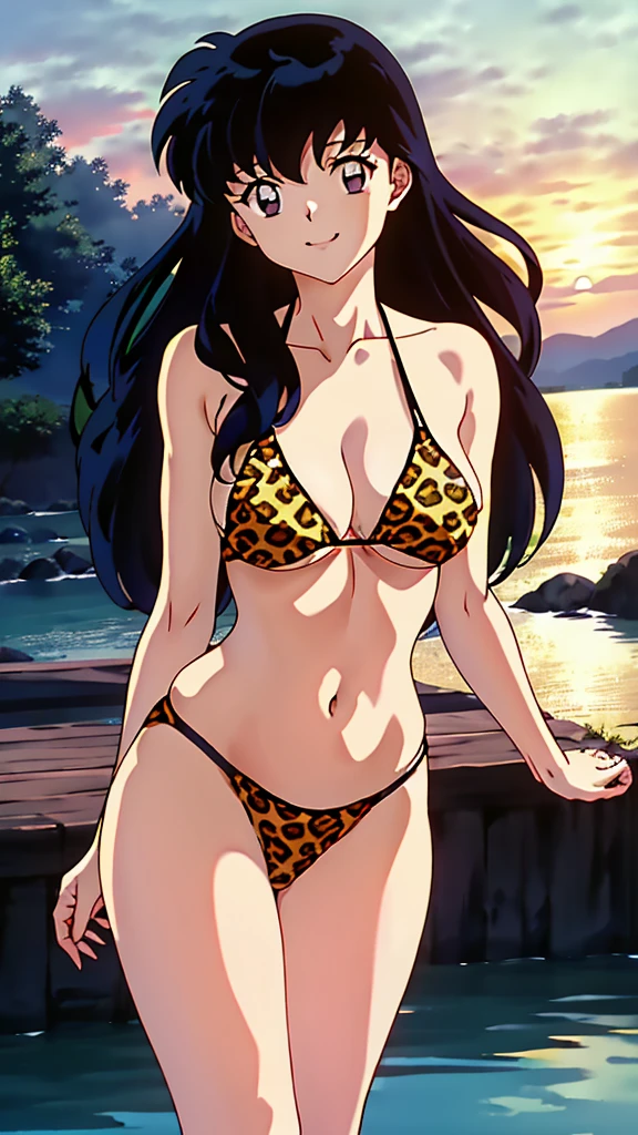 (masterpiece, 4K, highest quality, anime style: 1.9, Detailed face, Lovely, Ocean,Bold Line, High resolution, anime, Lake 4. alone, Curvaceous, Thighs, Cleavage, Center of chest, smile, Please open your mouth wide, Very slim belly, Cowboy Shot, (Leopard print bikini),1 girl,Kagome Higurashi,  Long Hair, Black hair between the eyes, Thighsが柔らかい