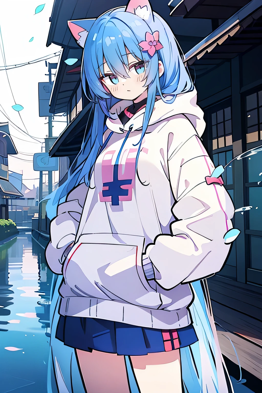 (masterpiece:1.2),Super detailed,lifelike,Expressive eyes,fair skin,perfect face shape,1 girl,
Japanese comics,Gorgeous blue hair,flowing blue hair,flowing clothes,Cat ears,Petals fall,beautiful lola,Baby Angel,
Shaking head with one hand,Cross your legs,Gentle and peaceful background,The pavilion is cool and comfortable,smile, wearing hoodie, background of tokyo,back views,snowing, winter,lie on the water.