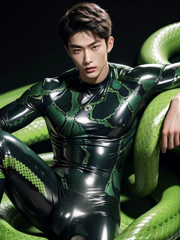 Korean man , ager, latex、snake print ,Green Snake pattern Bodysuit、bulge , Visible up to the legs、whole body , realistic good looking Korean face , Natural Muscle , Beardless face、masterpiece、High resolution、Hyperrealism、Detailed face、alone、male、Glowing Skin、(Asian)、(young、teen)、good looking、Detailed Background、good looking