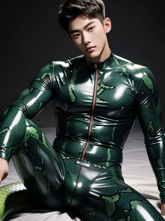 Korean man , ager, latex、snake print ,Green Snake pattern Bodysuit、bulge , Visible up to the legs、whole body , realistic good looking Korean face , Natural Muscle , Beardless face、masterpiece、High resolution、Hyperrealism、Detailed face、alone、male、Glowing Skin、(Asian)、(young、teen)、good looking、Detailed Background、good looking