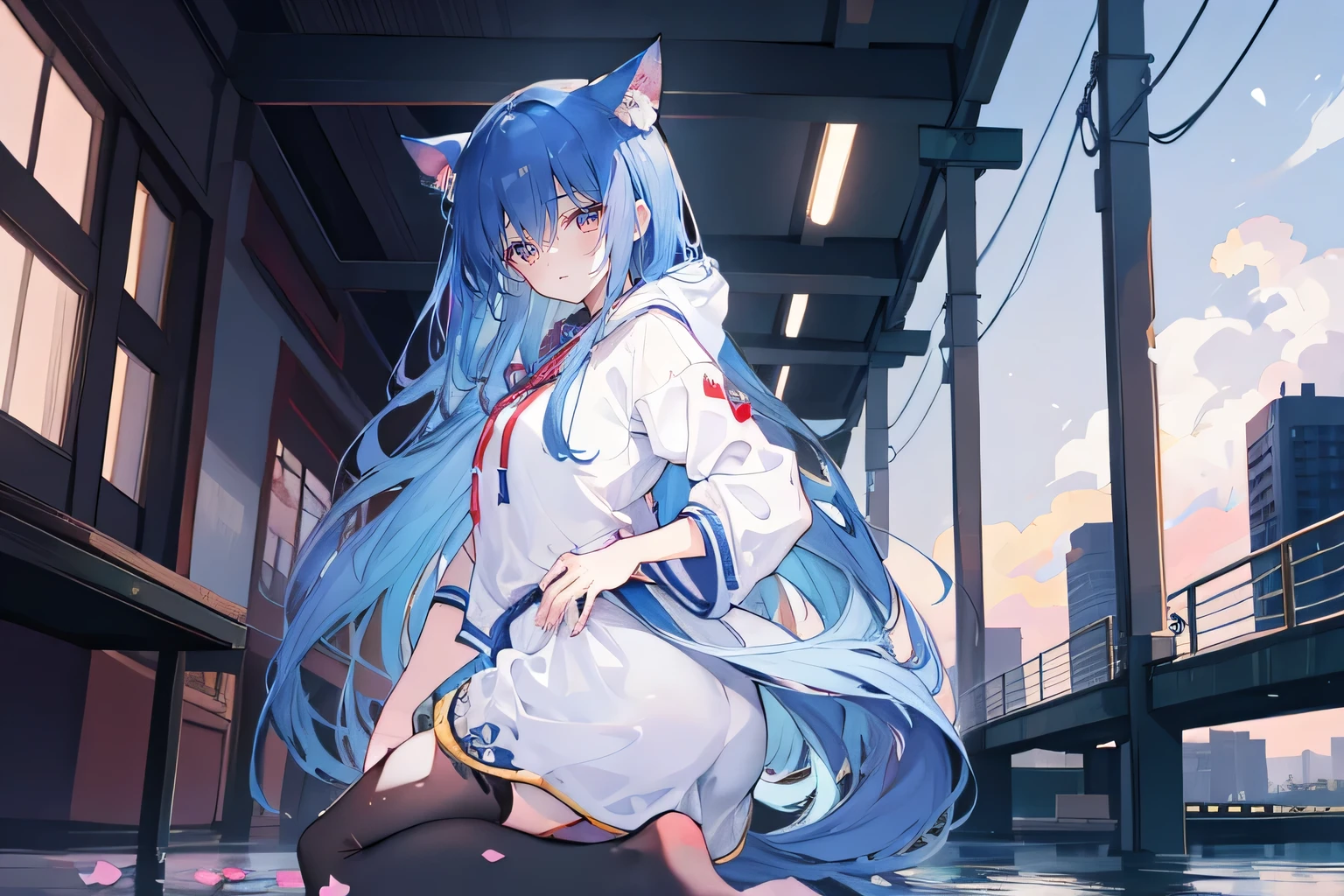 (masterpiece:1.2),Super detailed,lifelike,Expressive eyes,fair skin,perfect face shape,1 girl,
Japanese comics,Gorgeous blue hair,flowing blue hair,flowing clothes,Cat ears,Petals fall,beautiful lola,Baby Angel,
Shaking head with one hand,Cross your legs,Gentle and peaceful background,The pavilion is cool and comfortable,smile, wearing hoodie, background of tokyo,back views,snowing, winter,lie on the water.