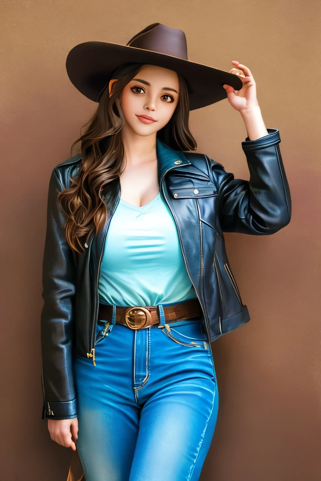 arafed woman in a cowboy hat and leather jacket posing for a picture, a sketch by Eugene Leroy, trending on cgsociety, fine art, cowgirl, western cowgirl, in the old west, beautiful cowboy witch, female cowgirl, cow-girl, old west, post - apocalyptic cowgirl, oldwest, 🤠 using a 🖥, with hat