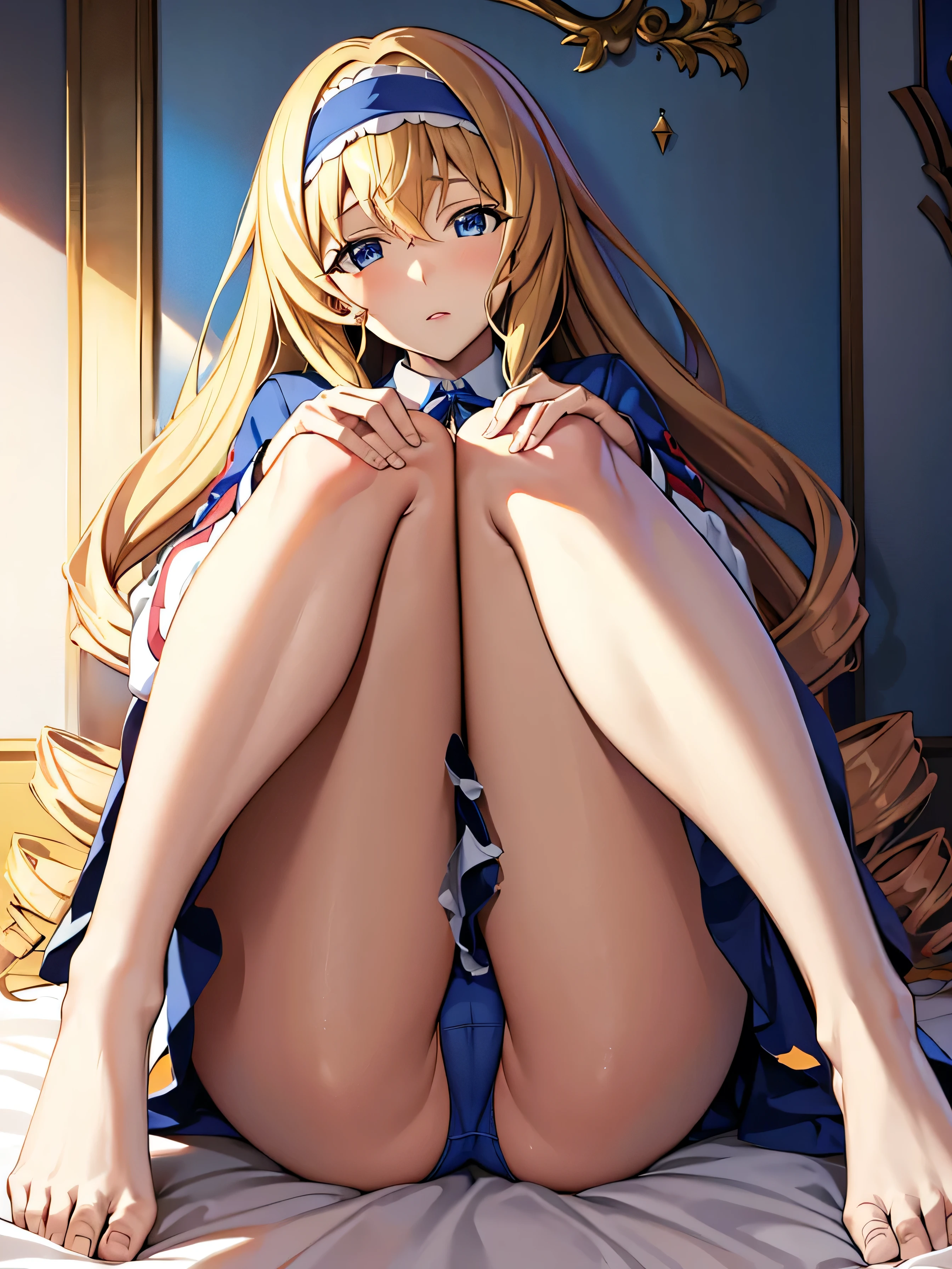 masterpiece, highest quality, High resolution, (knees together feet apart, sitting, panties, pantyshot), on bed, bedroom, Cecilia Alcott, Long Hair, blue eyes, Blonde Hair, Curly Hair,Drill Hair, Blue hair band
