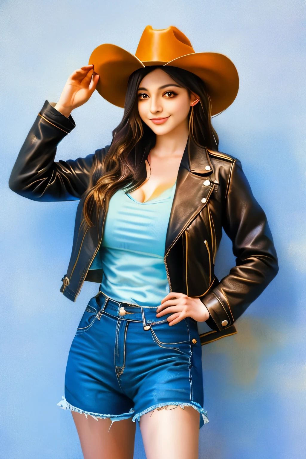 arafed woman in a cowboy hat and leather jacket posing for a picture, cowgirl, western cowgirl, in the old west, beautiful cowboy witch, female cowgirl, cow-girl, by Eugene Leroy, by Pablo Munoz Gomez, by Elena Guro, old west, by Marie Bashkirtseff, by Allan Linder, by Silvia Pelissero