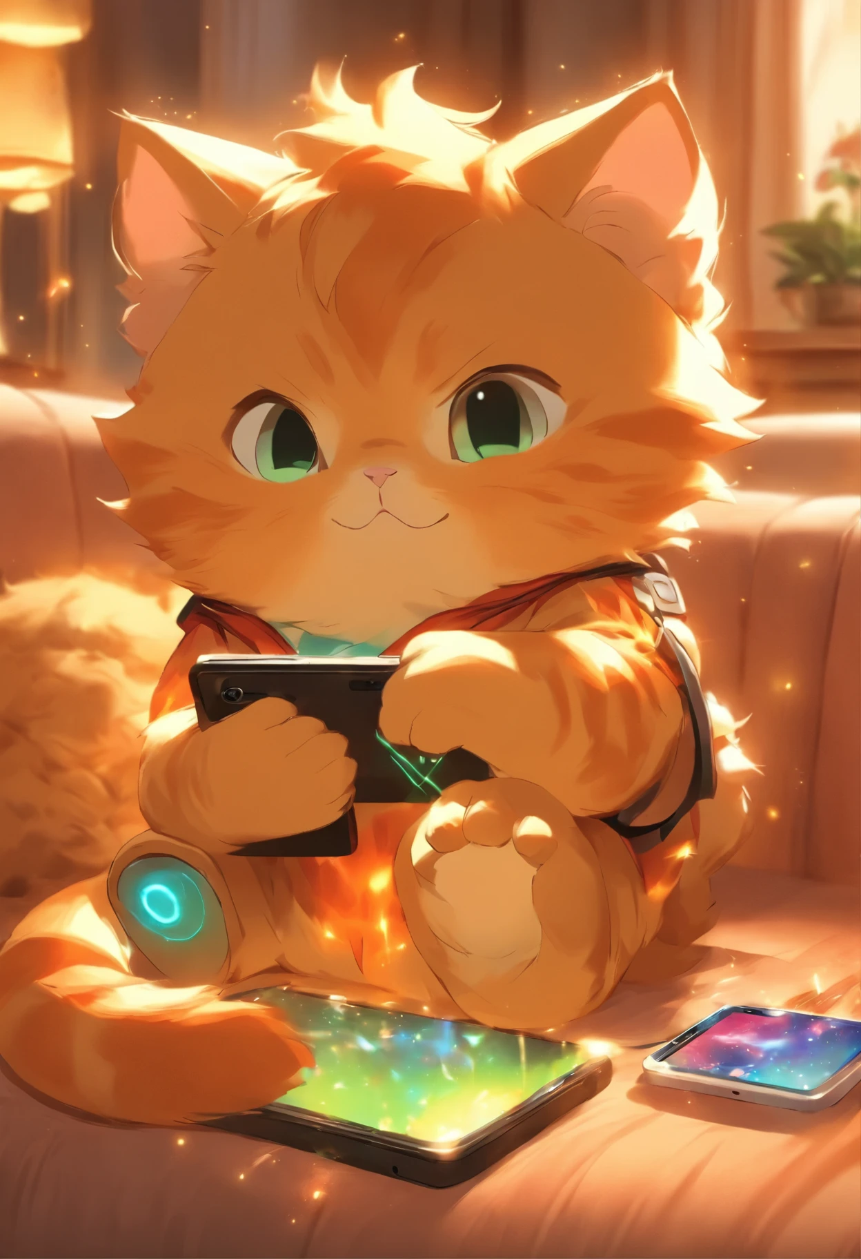 Living room, fat ginger kitten (named Little Ginger) sitting on the couch, holding a smartphone, playing with full concentration.
Fat Ginger Kitten (named Little Ginger) : (Eyes wide, focused on the smartphone)