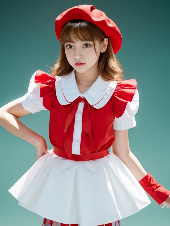 One girl, Flanders Scarlet, East, Have, Mob Cap, alone, Blonde Hair, stuffed toy, red Best, wing, 動物のstuffed toy, teddy bear, Red eyes, crystallization, Best, White Hat, Outdoor, Short sleeve, One side up, Holding, Puffy sleeves, skirt, shirt, Pointed Ears, red skirt, View Viewer, puffy Short sleeve, Ascot, yellow Ascot, Wrist cuff, white shirt, Holding stuffed toy, bow, Frills, red bow, collared shirt, ribbon, frilled shirt collar, red ribbon, Medium Hair Masterpiece, highest quality, so beautiful, Absurd