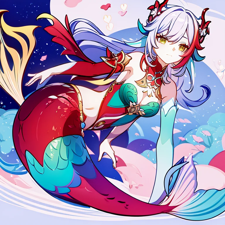 Mermaid, long mermaid tail below waistline, red scales on skin,a new genshin impact character, colourful outfit, asymmetric outfit, colourful hair