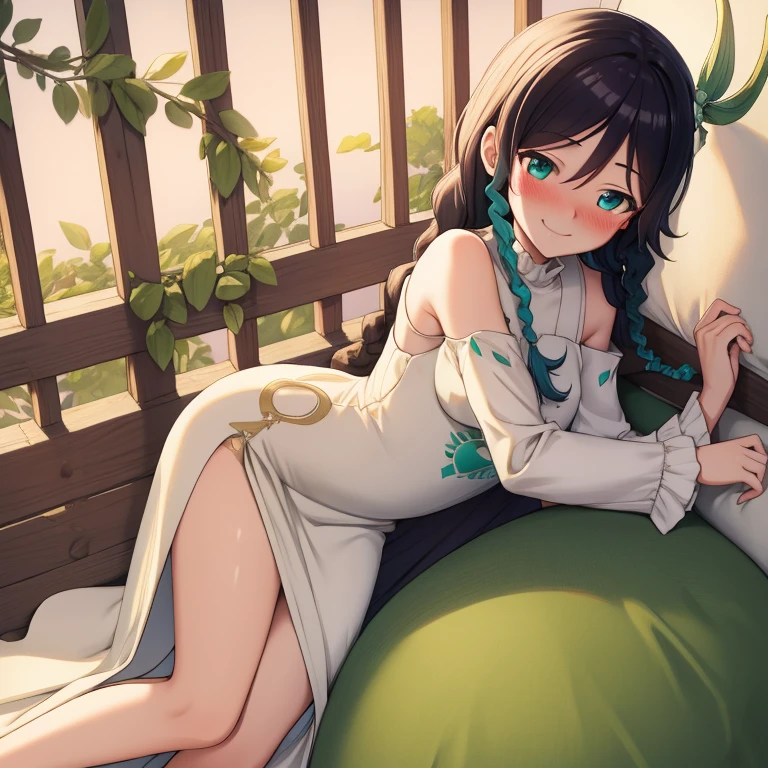 full body, futanari, Highres, Masterpiece, Best quality at best,Best Quality,hight quality, hight detailed, venti, long hair, braids, smile, blush, long dress,