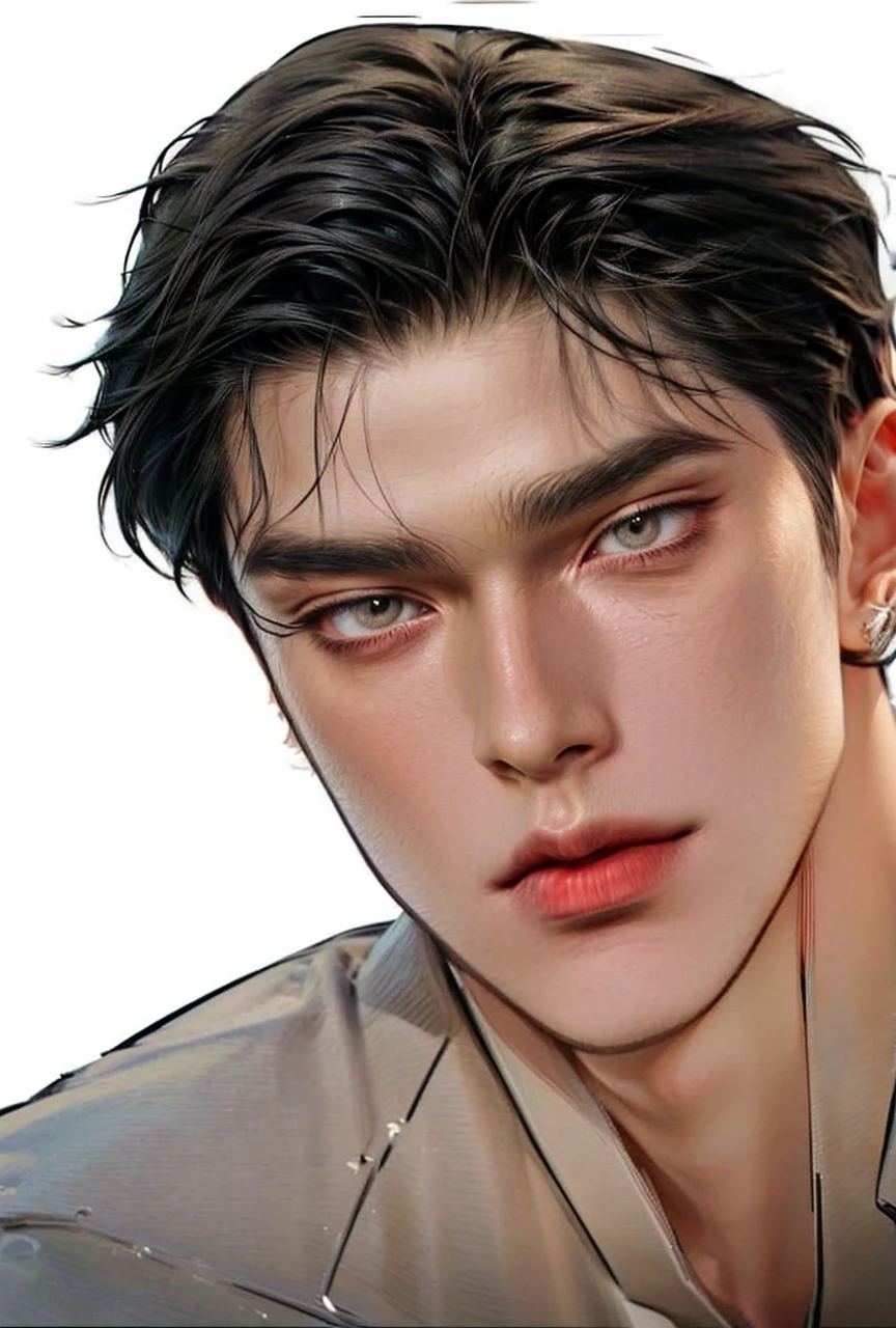 Masterpiece of man, Adult man with firm facial features like an Dutch, black eyes, his nose is sharp, mature, black eyes, neat short black hair, very handsome, white, clean, smooth skin, muscle realistic, 