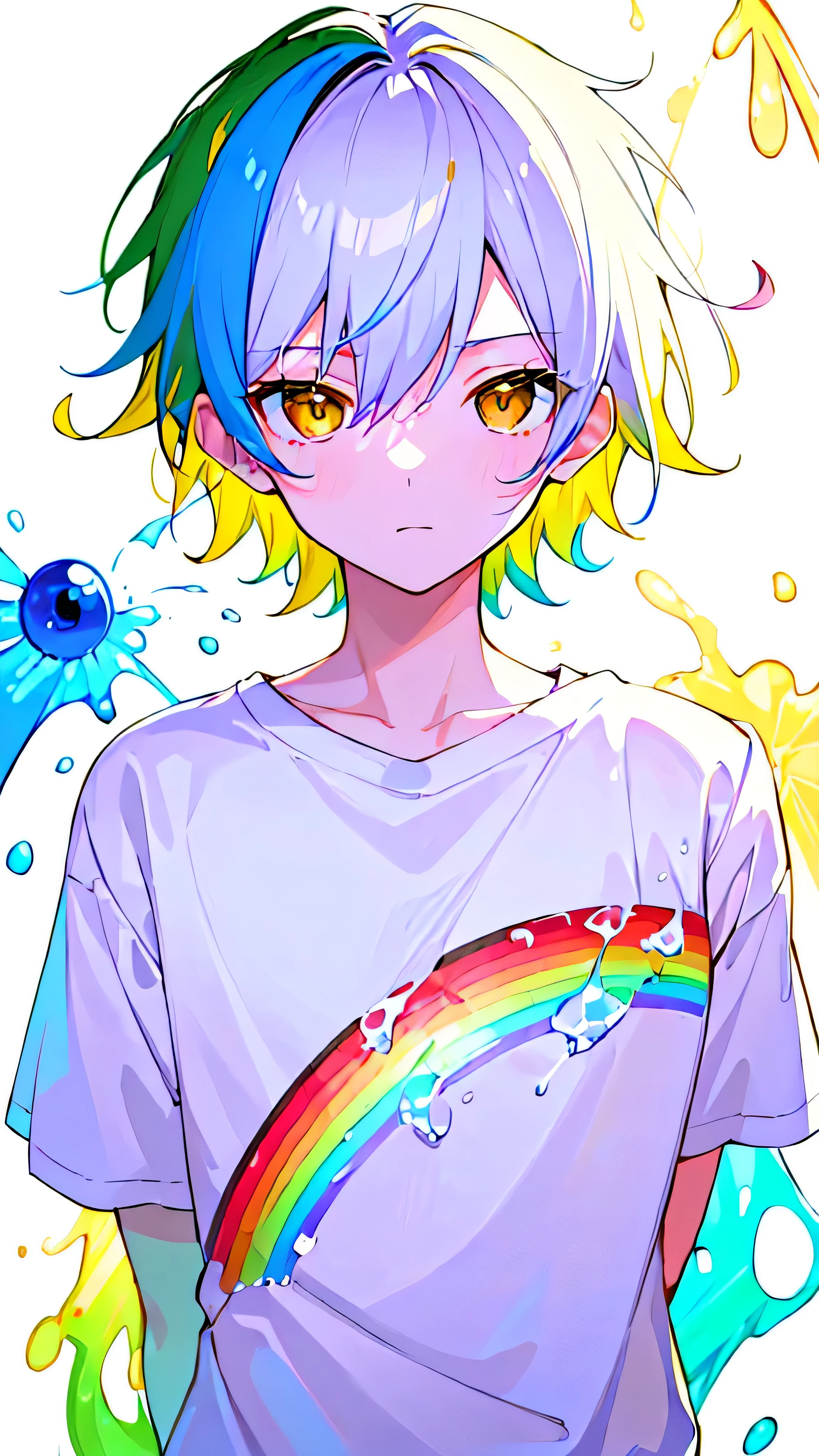 [(WHITE BACKGROUND:1.5),::5], ((((masterpiece)))), high quality, very_high_resolution, large_filesize, upper body, full color, (Solo), ((younger boy)), , short white hair, vivid color, ((yellow eye)), Summer clothes white, animestyle, (Rainbow Splash effect:1.3)