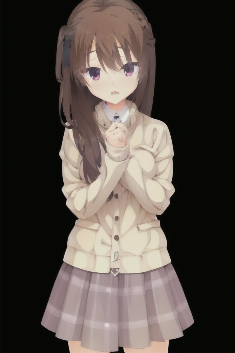 One girl,alone,dark_Blown_hair,Bob_hair,gray_sweater,baggy_sweater,skirt,Plaid,Brown_Plaid_skirt,Brown_Plaid_skirt,length_pencil_skirt,stockings,black_stockings,expensive_solve, clear_image, expensive_Contrast, 8k, Sparkling, beautiful_detailed_face_and_eye, (濃いBrownのhair:1.25), 白 eye,