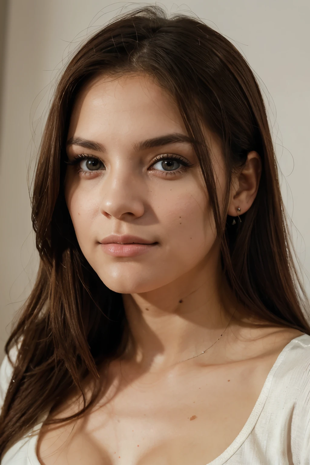 genera un retrato de una mujer joven y linda con pomulos prominentes, ojos grandes, cejas altas que enmarquen bien la mirada, labios de grosor medio, , cabello color cobre calido y suave, color de ojos avellana, tipo de rostro diamante, piel blanca, en una sala de estar, toma la fotografia con un alto realismo, como si fuera tomada con una sonyalfa 77, con luz de frente