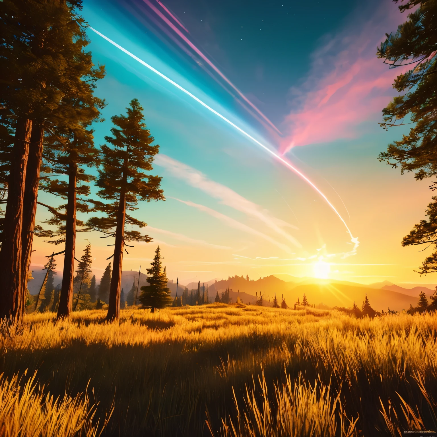 firewatch landscape, Graphic Novel, Pastel Art, Poster, Golden Hour, Electric Colors, 4k, RGB, Geometric, Volumetric, Lumen Global Illumination, Ray Tracing Reflections, Twisted Rays, Glowing Edges, RTX --raw