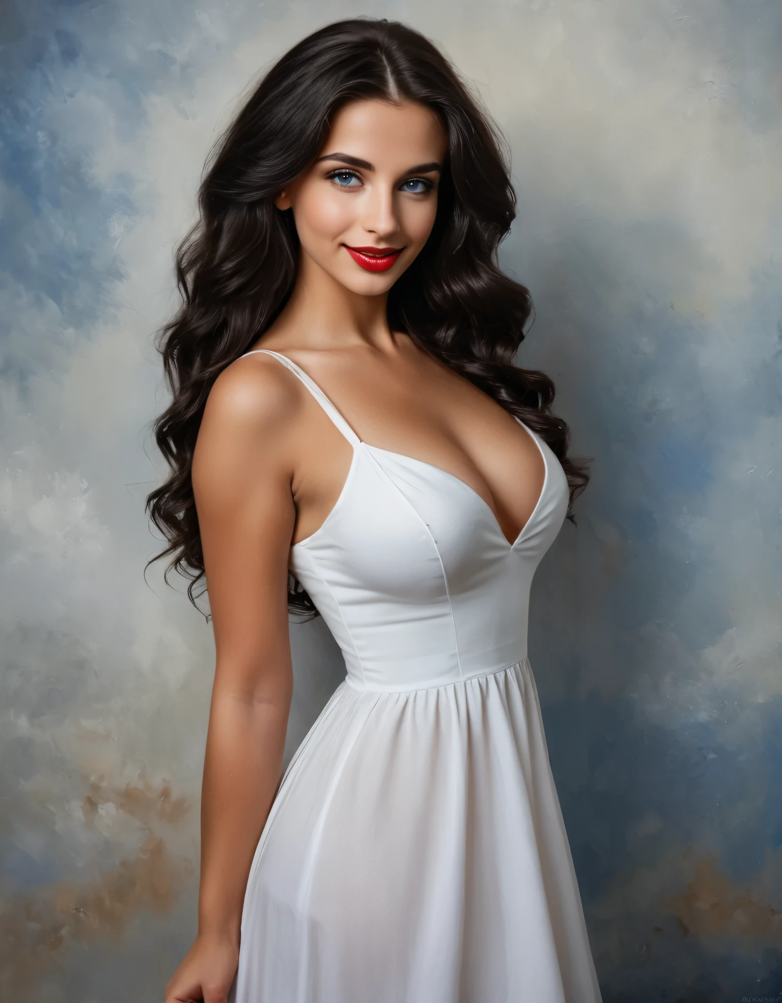 a woman in a white dress posing for a picture, a photorealistic painting by Alexander Kucharsky, featured on cg society, romanticism, beautiful sexy woman photo, white sundress, beautiful woman with long wavy black hair, cobalt blue eyes, full lips and light red lipstick, smiling, random pose, distant full body view, view from random side and rand angle, ultra realistic, 16k