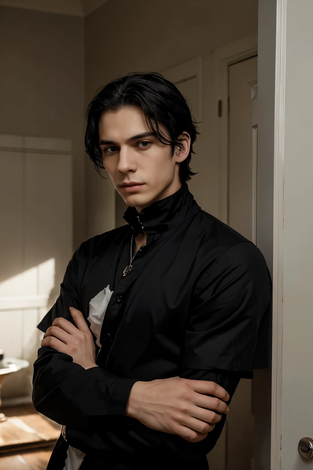 Create an image of Rayden von Astoria, a 20-year-old young man who is the son of a former baron. He has a height of 172 cm and weighs 50 kg, giving him a slim and somewhat frail appearance. Rayden has messy black hair and deep, somber black eyes. His skin is slightly pale due to lack of sunlight, and he often has a bored or apathetic expression on his face. Despite his lazy demeanor, there is a sense of potential and goodness in his features. He is dressed in casual, slightly disheveled clothing that reflects his unmotivated lifestyle. The background can be a modest, simple room that hints at a once noble but now reduced status