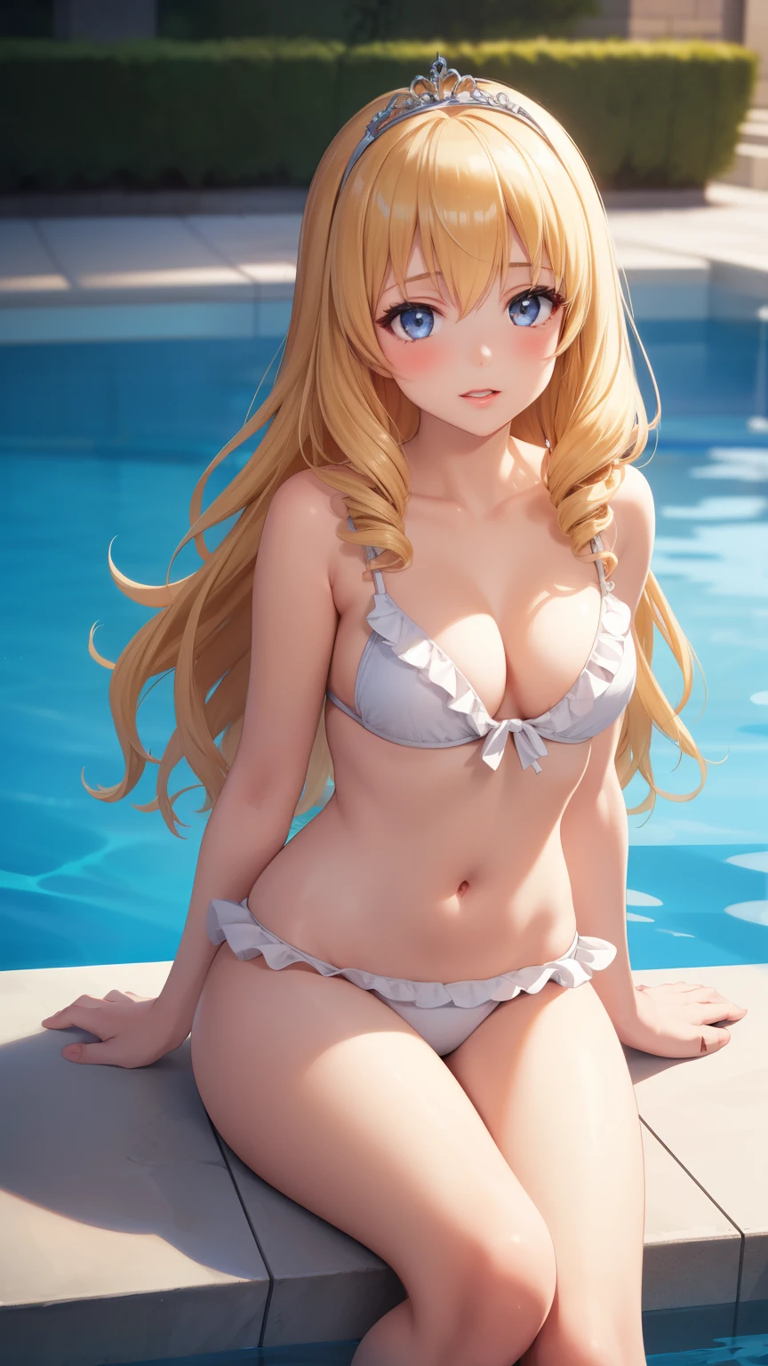 masterpiece, best quality, 1girl, very curly hair, blonde hair, shiny hair, tiara, diadem, medium breasts, glossy lips, good lighting, latifa fleuranza, pool edge, sitting, frilly swimsuit