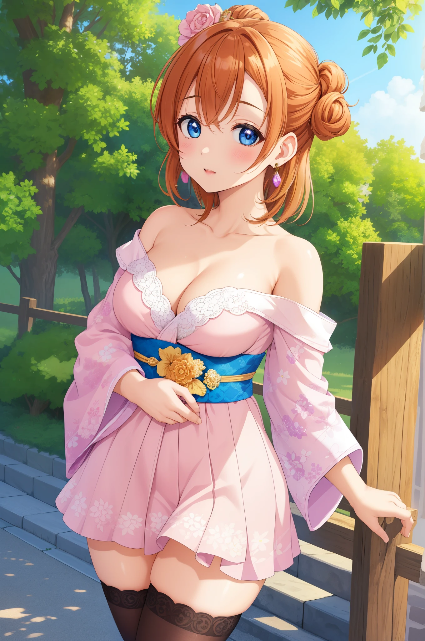 (Masterpiece, Best Quality, High Quality), professional artwork, well drawn, Intricate Details,solo,in village 
Kousaka honoka, afternoon
, ultra detail hair, ultra detail face, perfect eyes,  earring,  Looking at Viewer, pink clothes , off shoulder kimono, cleavage, thighhighs, (thighs), thighs gap,dark orange hair , standing 