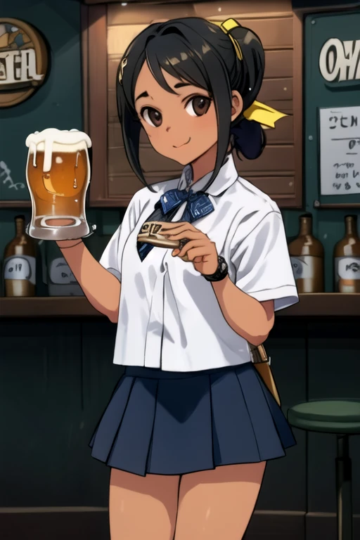 1girl, Subtle details, mini skirt, draft beer