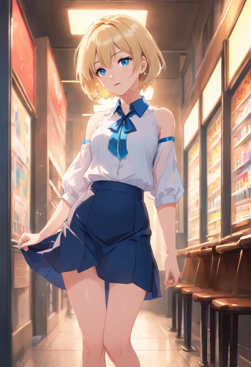 17 years old Women, ((Blonde)), ((Blue eyes)), ((Short hair)), ((Full shot)), very detailed makeup, pale pink lipstick, long earrings, bare shoulders, wearing a low-cut white blouse, revealing her chest and a tight short black latwx skirt and black Louboutin-style high heels. ((wearing high heels)) ((Full Body))