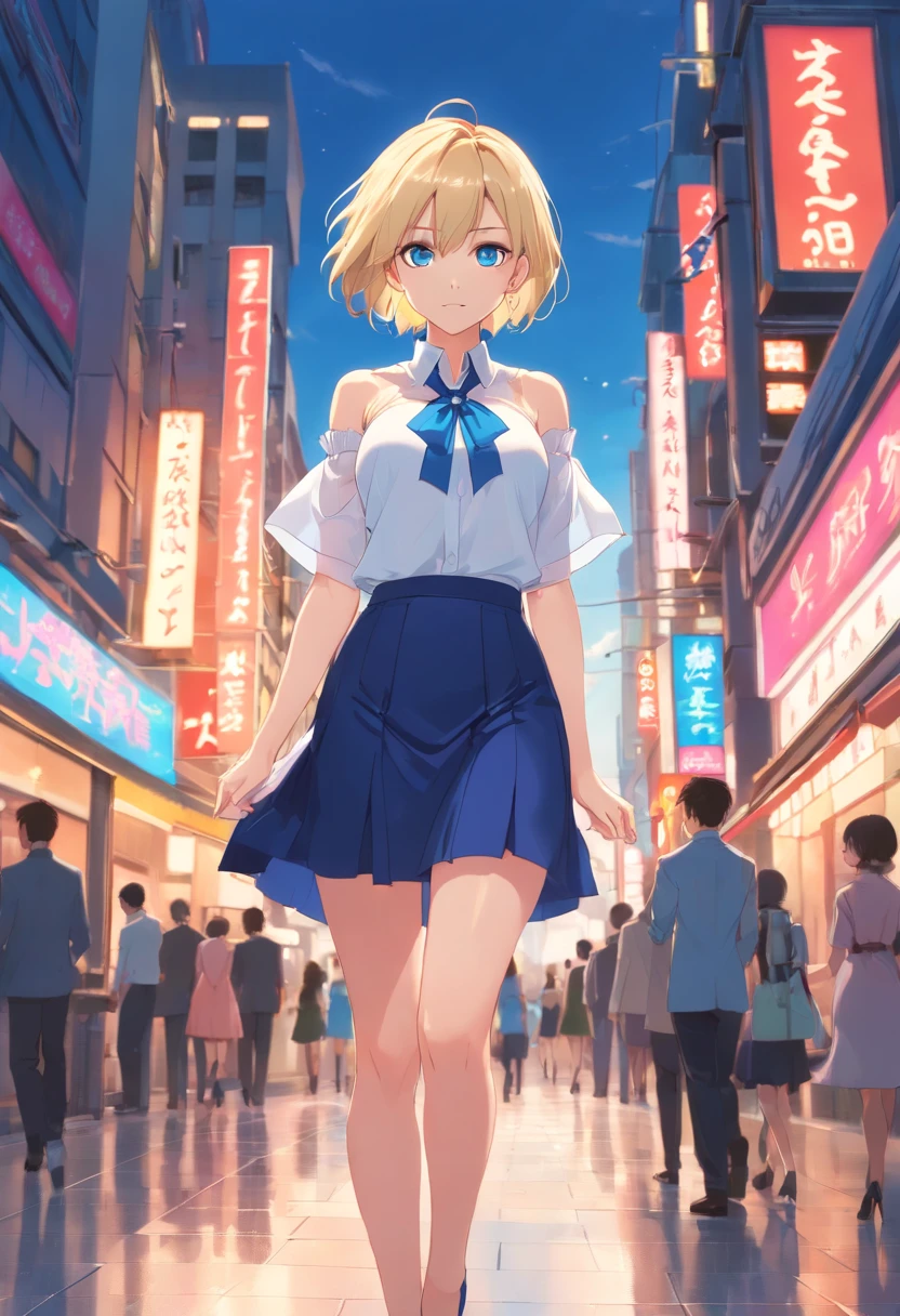 Women, ((Blonde)), ((Blue eyes)), ((Short hair)), ((Full shot)), very detailed makeup, pale pink lipstick, long earrings, bare shoulders, wearing a low-cut white blouse, revealing her chest and a tight short black latwx skirt and black Louboutin-style high heels. ((wearing high heels)) ((Full Body))
