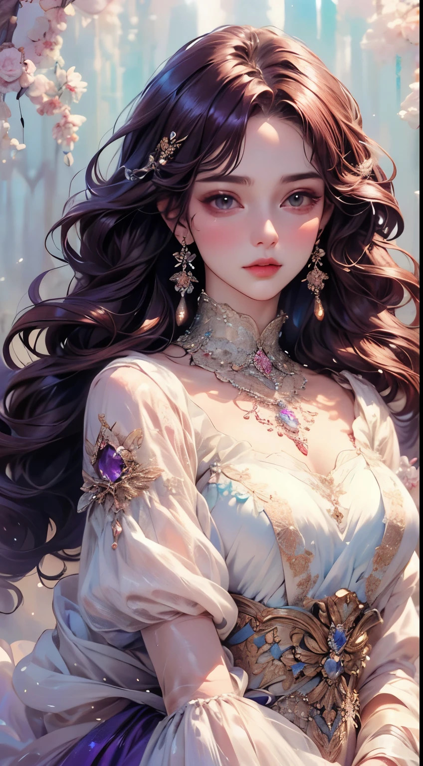 beautiful elegant woman, photorealistic, 8k, hyperdetailed, masterpiece, fantasy art, dreamlike background, 1 adult female, clean detailed face, beautiful warm brown eyes, shiny purple hair, lovely light blue dress with intricate embroidery, luxurious jewelry, mesmerizing detailed art