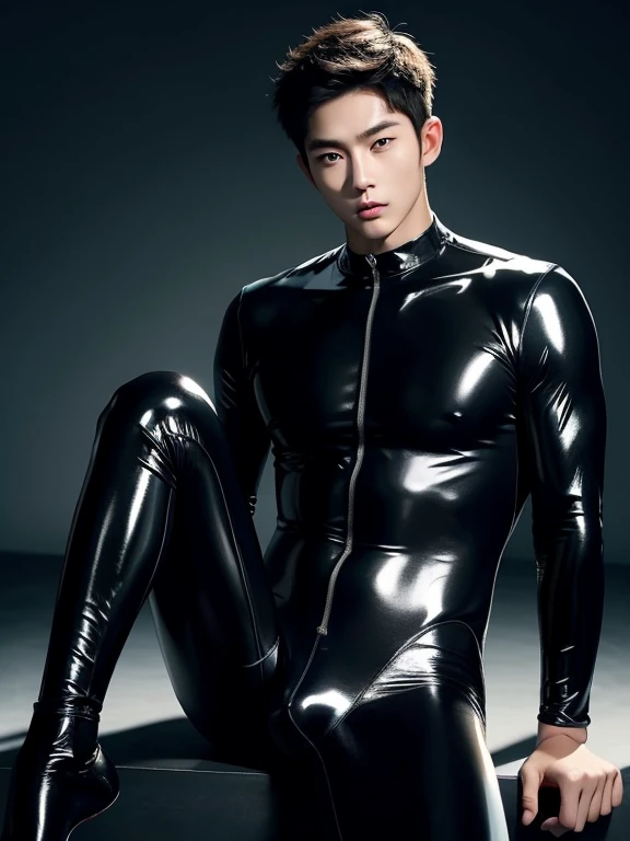 Korean man , teenager, latex、Cat pattern Bodysuit、bulge ,Cat ear、 Visible up to the legs、whole body , realistic good looking Korean face , Natural Muscle , Beardless face、masterpiece、High resolution、Hyperrealism、Detailed face、alone、male、Glowing Skin、(Asian)、(young、teenager)、good looking、Detailed Background、good looking