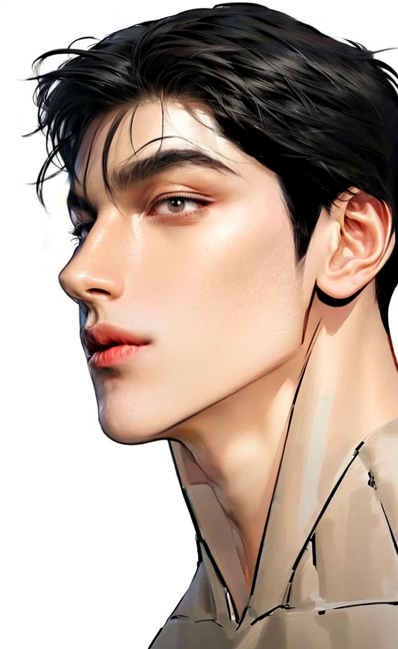 Masterpiece of man, Adult man with firm facial features like an Dutch, black eyes, his nose is sharp, mature, black eyes, neat short black hair, very handsome, white, clean, smooth skin, muscle realistic,