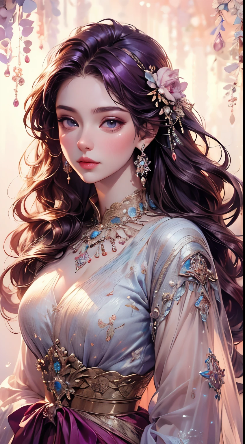 beautiful elegant woman, photorealistic, 8k, hyperdetailed, masterpiece, fantasy art, dreamlike background, 1 adult female, clean detailed face, beautiful warm brown eyes, shiny purple hair, lovely light blue dress with intricate embroidery, luxurious jewelry, mesmerizing detailed art