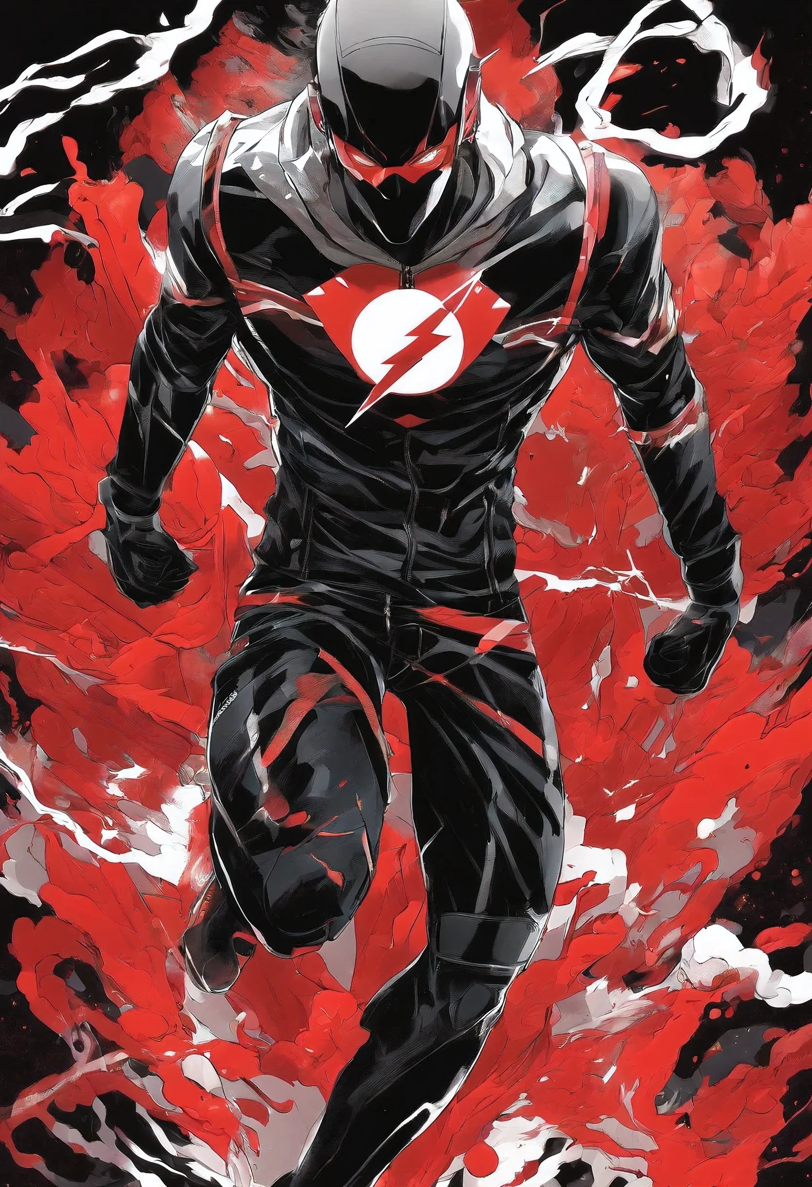 Black flash from DC comics, black leather jacket, black jeans badass red lightning, bloody battlefield, running with badass pose, male, full kitsune face mask, fit handsome , yawning, black, white and red high tops.