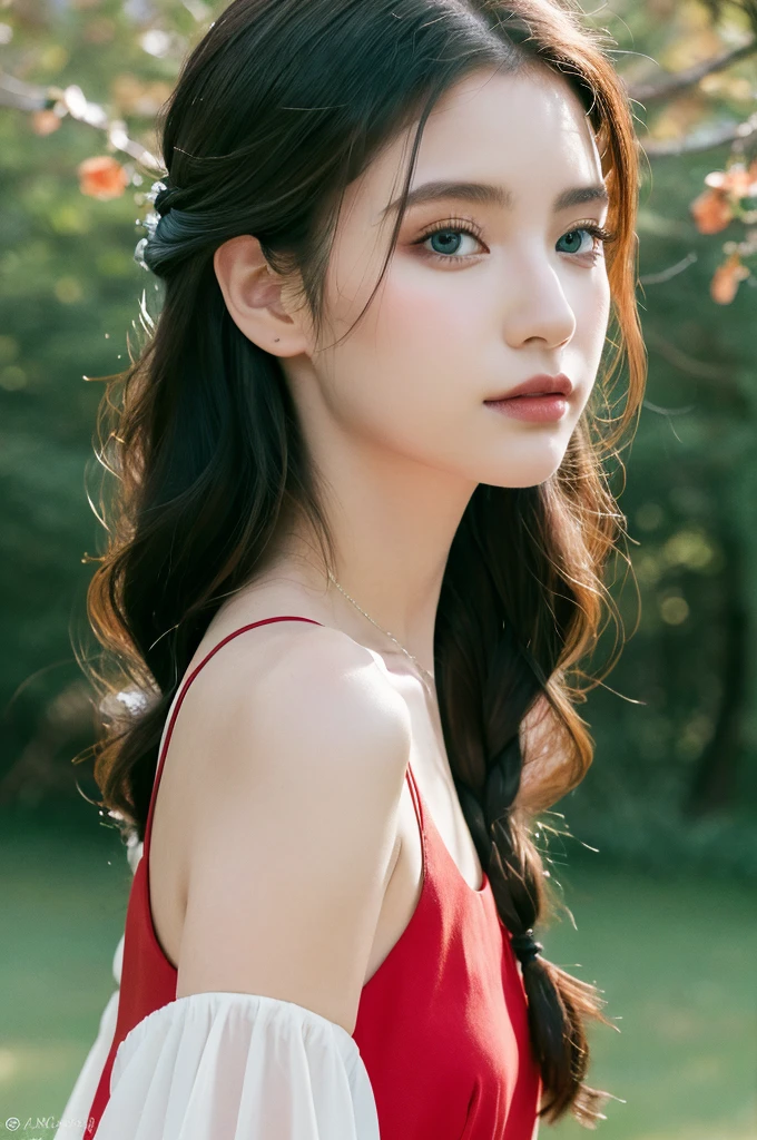 (masterpiece, 最high quality:1.4), (Future days),  (full of white flowers), (1 girl), alone, (european youth:1), Aeris Gainsbourg, choker, cropped jacket, hair ribbon, bracelet, pink dress, brown boots, very long hair, hair ribbon, hair flower, strapless red dress, high heels hyperrealistic, high resolution skin, Digital single-lens reflex camera, soft lighting, high quality, highly detailed face, highly detailed skin, skin pores, scattered below the surface, realistic pupils, Medium chest, blush all over the face, lip whole, detailed background, written boundary depth, volume lighting, sharp focus, confused, realistic proportions, excellent anatomy, (realistic, hyperrealistic:1.4), 16K HDR,Get on all fours and stick your butt out
