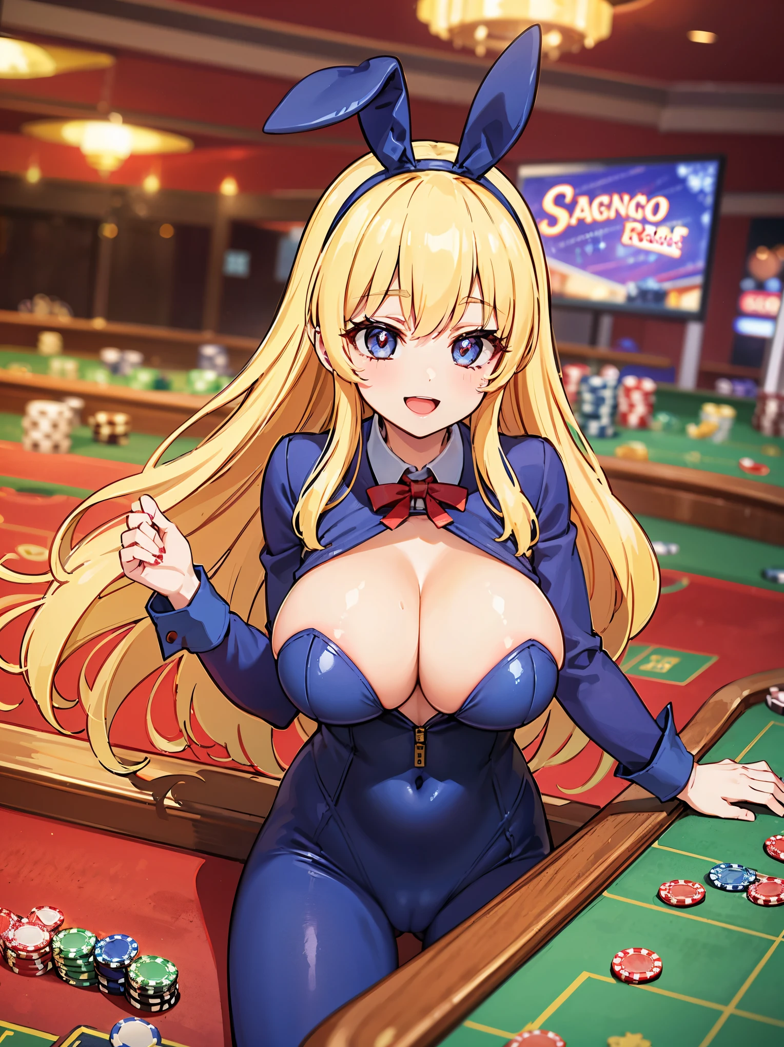 Highly detailed illustration, super cute and beautiful lady,long sleeves, detached collar, breasts_out, navel, (no_panties:1.3), (pasties, maebari:1.1), (reverse bunnysuit:1.3), show off stomach,((((sagging titis)))), (((big titis))), beautiful blush((((ecstatic))))smlie face and eyes, beautiful ((Blonde)) Blonde hair, ((((casino room)))),((Boldly open legs)),low angle shot,sitting table,