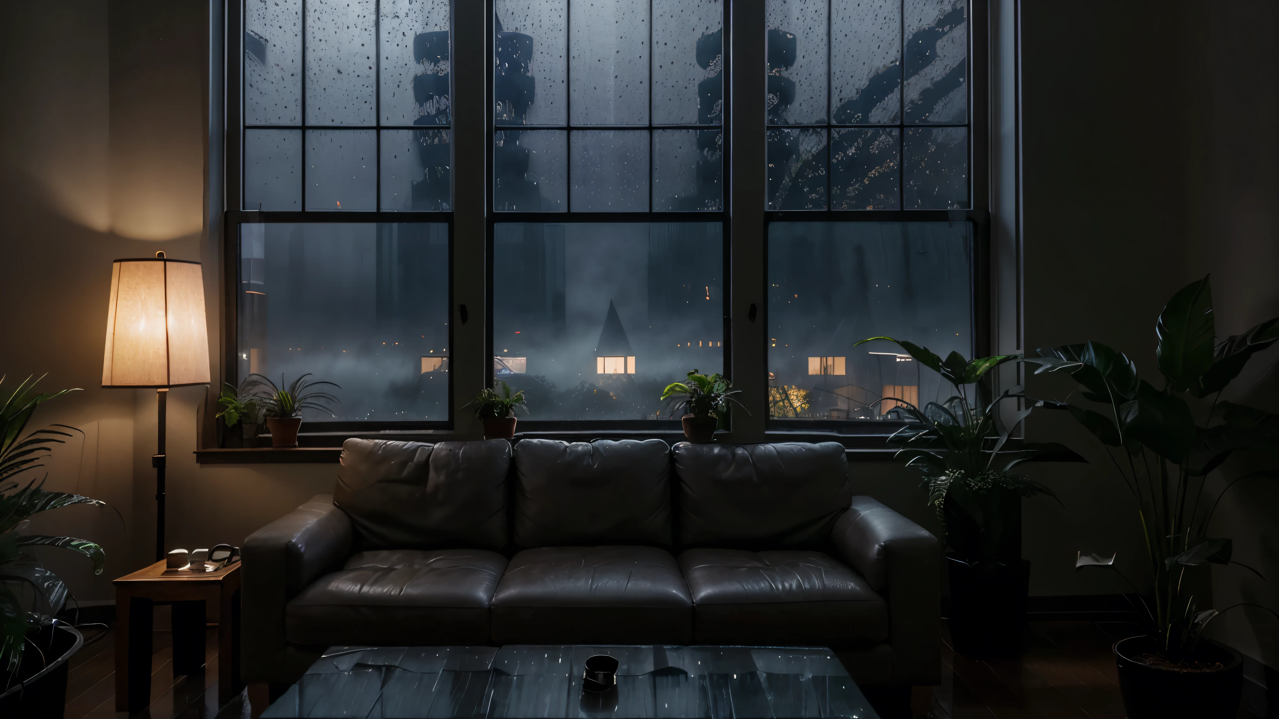 The medieval modern living room is dimly lit,There were dark rainy nights outside, (Foggy and rainy evening:1.2), Pacific Northwest, (Dim lighting:1.4), (Moody lighting:1.2), a plant, Large plants, Rainy, Monstera, Many plants, (Foggy windows:1.2), Masterpiece, Best quality, Twilight Hour, (during night:1.4), rainy evening, After sunset,