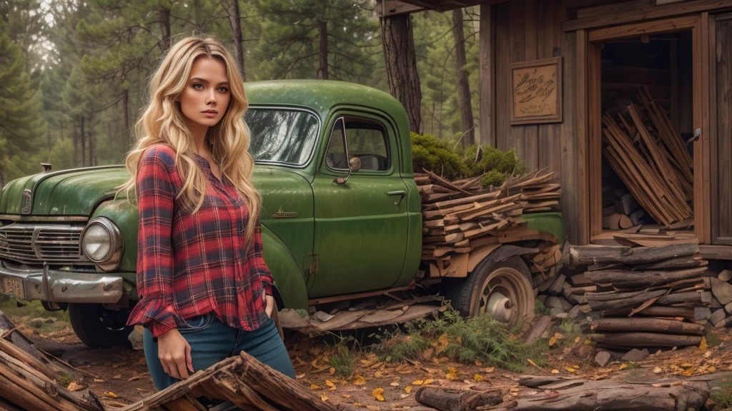 cabin in the woods, front porch, wood pile, rusty truck on cinderblocks, woodburning stove, dense trees, dark woods, large oak trees, moss, (Beautiful woman, plaid long-sleeved flannel shirt, long wavy blonde hair, detailed hands, detailed eyes),