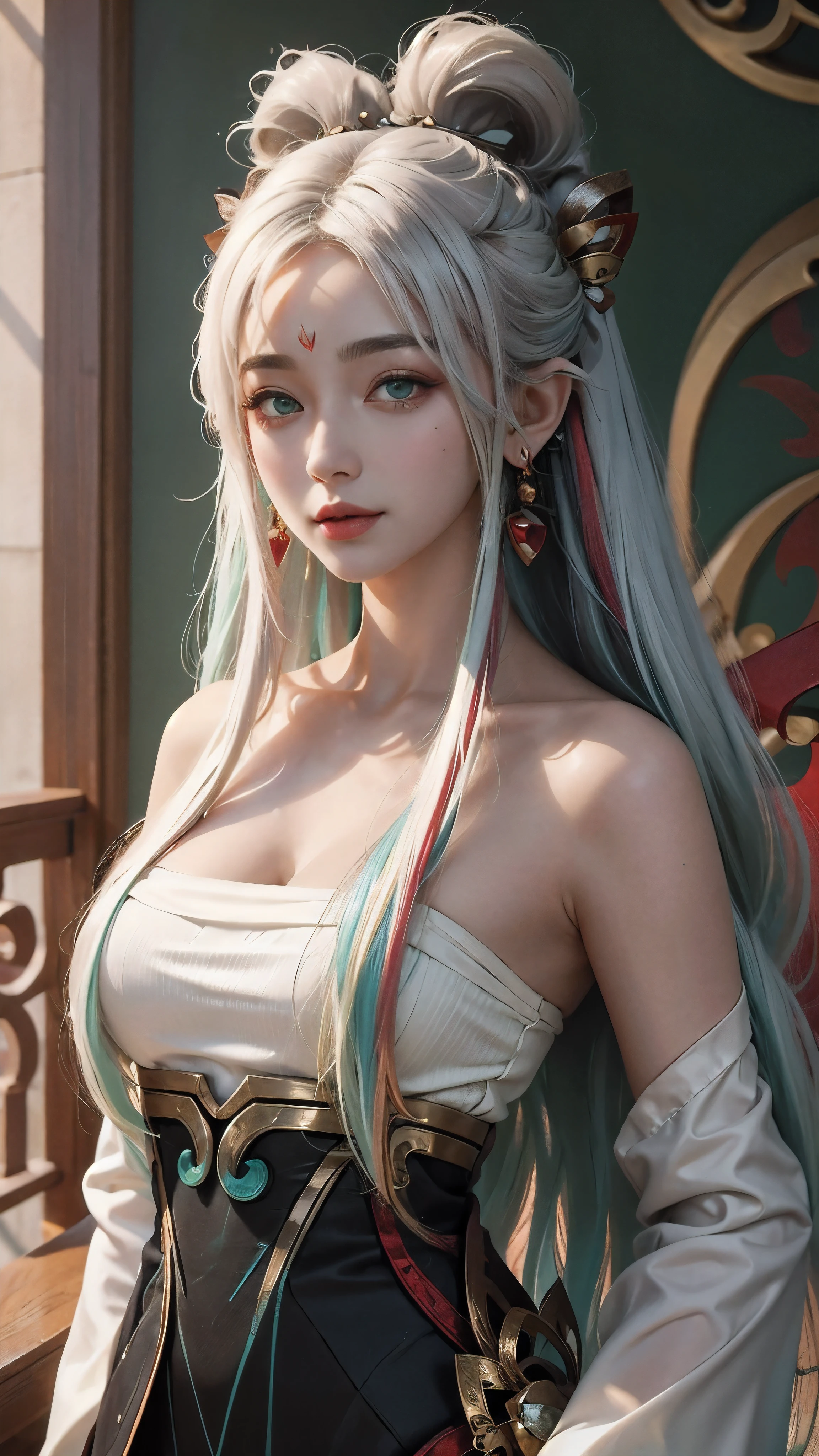 (masterpiece, best quality:1.2), intricate details, mythmaker irelia, 1girl, hair ornament, hair rings, bare shoulders, dress, detached sleeves, forehead mark, multicolored hair, white hair, earrings, green eyes, textured skin, looking at viewer, solo, light smile, (mature female:1.2)