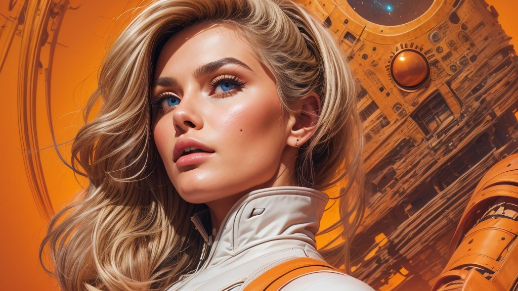 arafed image of a white woman in a futuristic suit with a spaceship in the background, movie art, in front of an orange background, inspired by Robert McGinnis, female protagonist, megastructure in the background, portrait of an ai astronaut, astronauts, an astronaut, portrait of a astronaut skeletor, perfect android girl, detailed eyes, perfectly detailed teeth, frank franzzeta and sakimichan